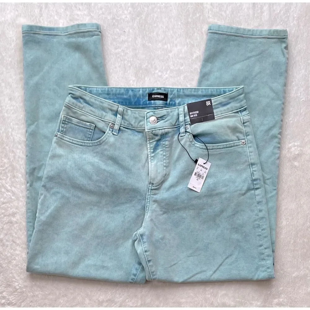 NWT Express Mid Rise Mint Green Tinted Boyfriend Jeans, Size 8R